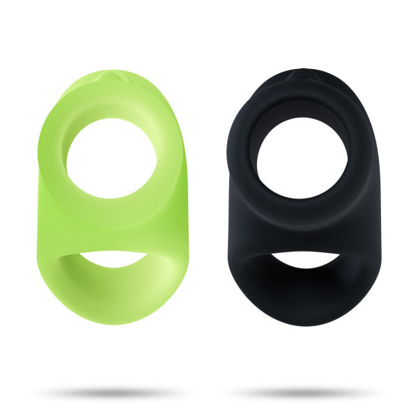 Two silicone cocksling rings, one lime green and one black.