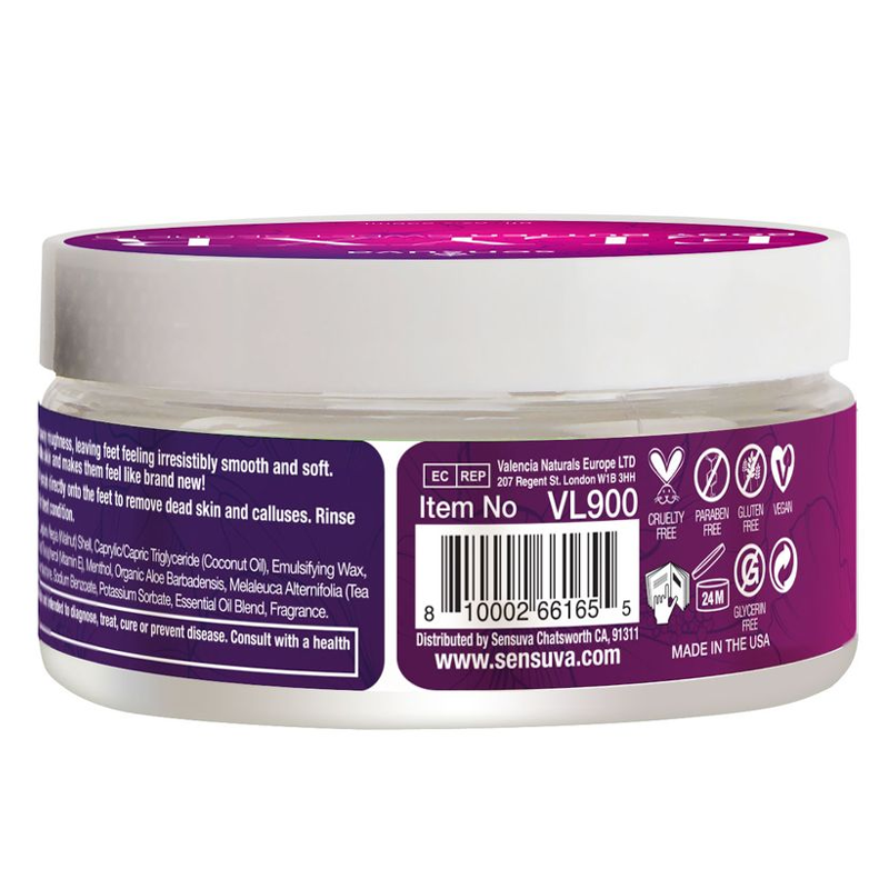 Sensuva exfoliating foot sugar scrub with pomegranate and fig scent.
