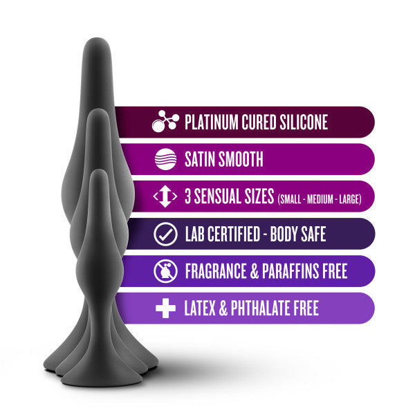 Black silicone anal plug kit with three sizes and product features listed.