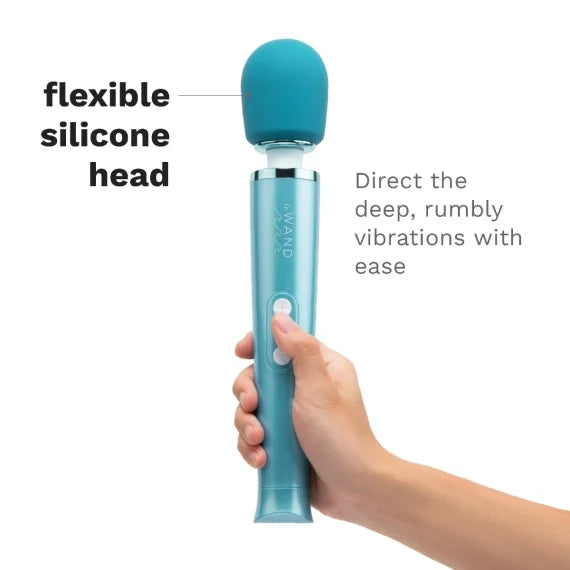 A teal wand massager with a flexible silicone head and two buttons.
