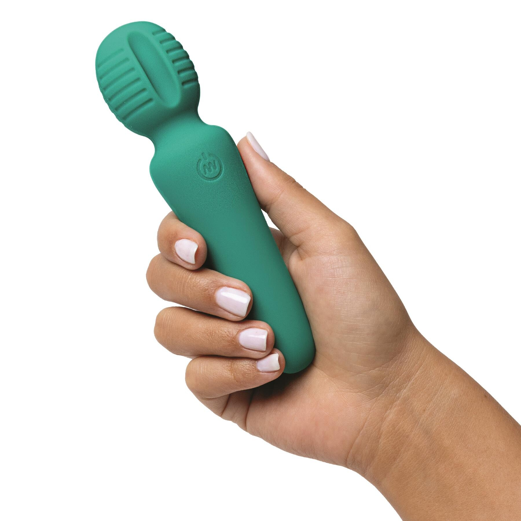A hand holds a teal wand vibrator with a ribbed head.