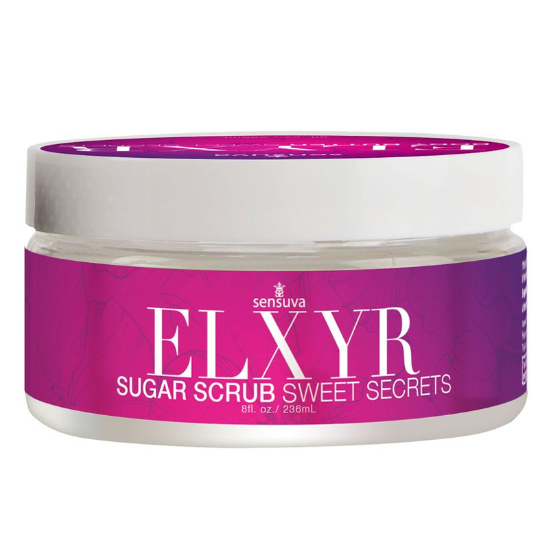Sensuva Elxyr Sweet Secrets sugar scrub in a clear jar with a pink label.