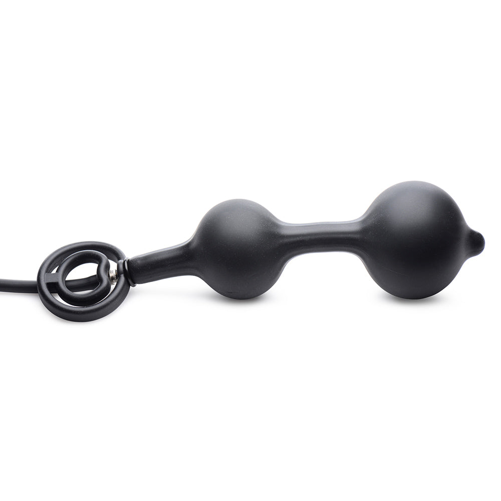 Black inflatable silicone anal plug with a cock ring.