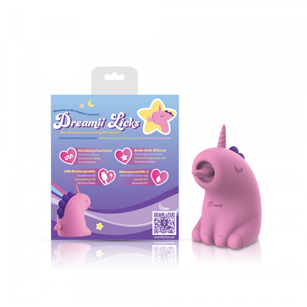 Pink unicorn licking stimulator made of body-safe silicone, with USB charging and waterproof features.
