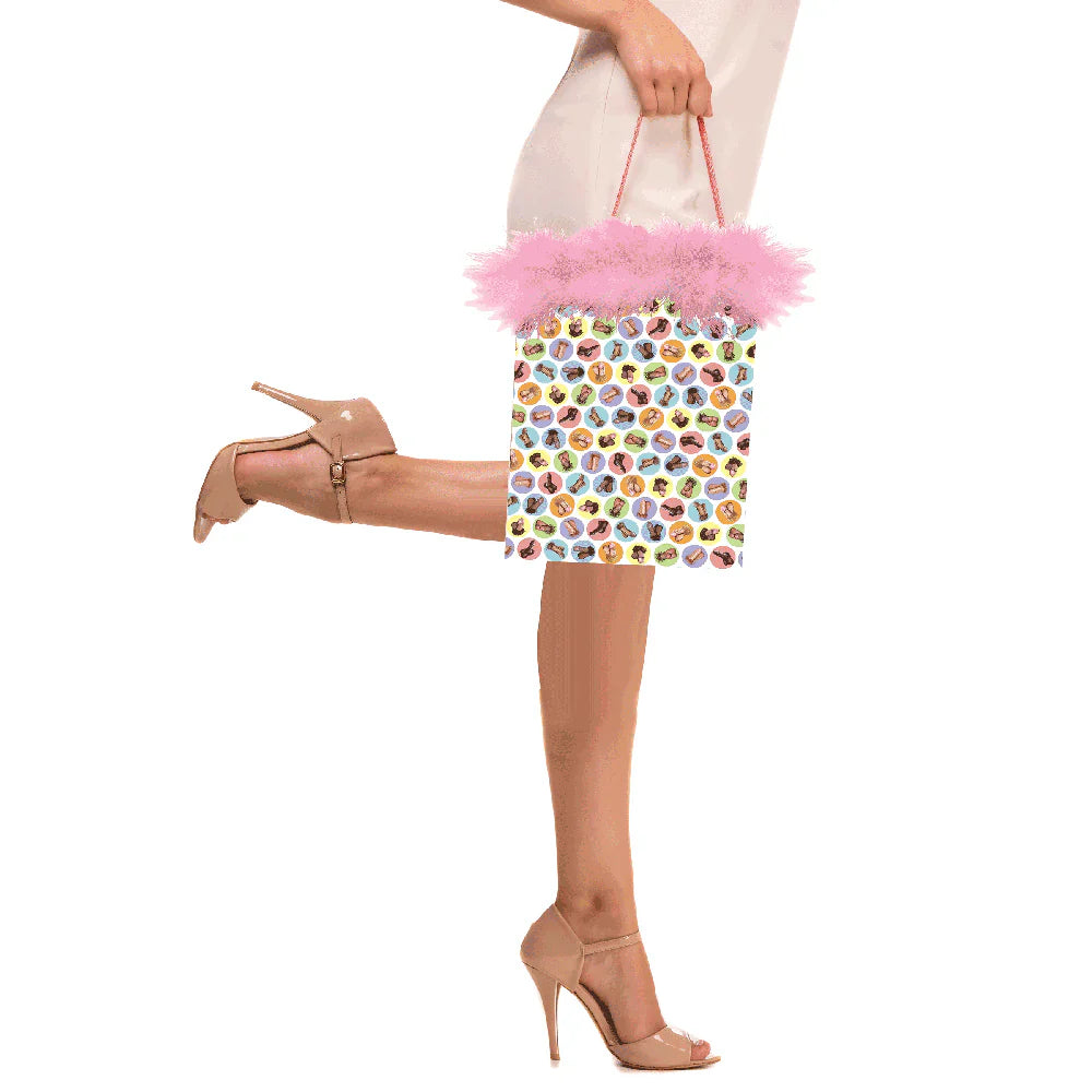 Gift bag with a pattern of shoes and pink marabou fringe.