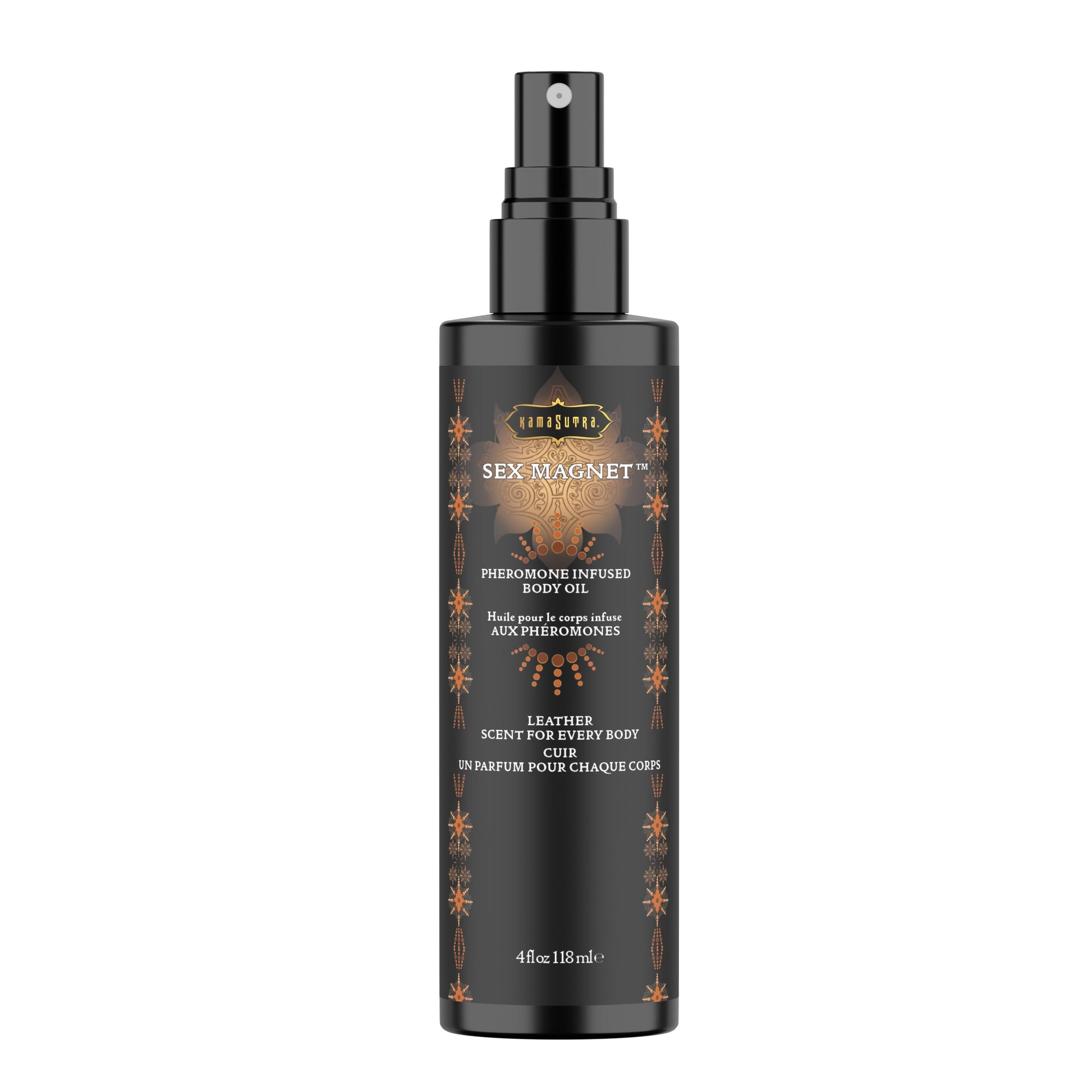 Kama Sutra Pheromone Infused Leather Body Oil spray with decorative accents.
