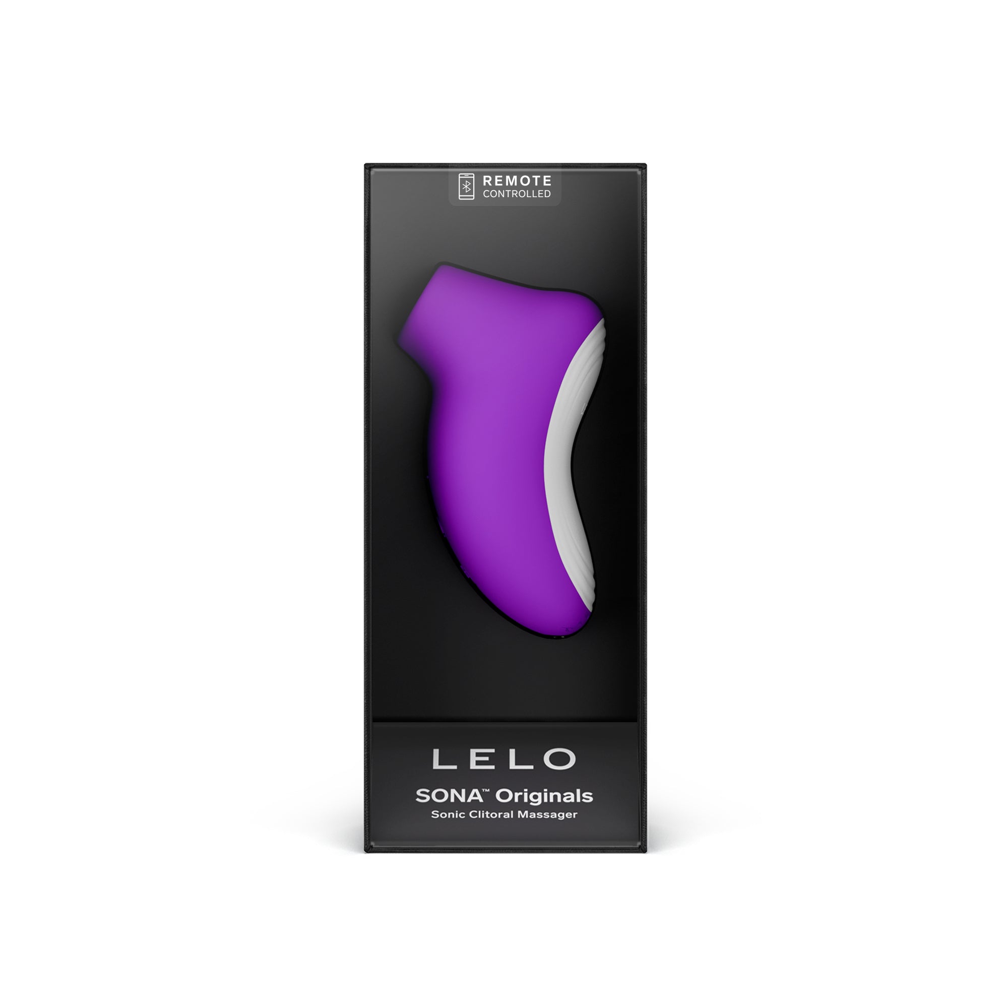 A purple and white LELO SONA sonic clitoral massager in its black packaging.