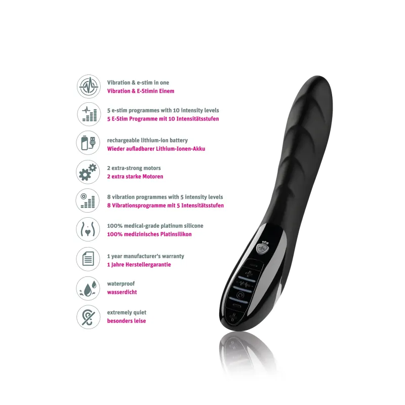 Black e-stim vibrator with dual motors and waterproof silicone.