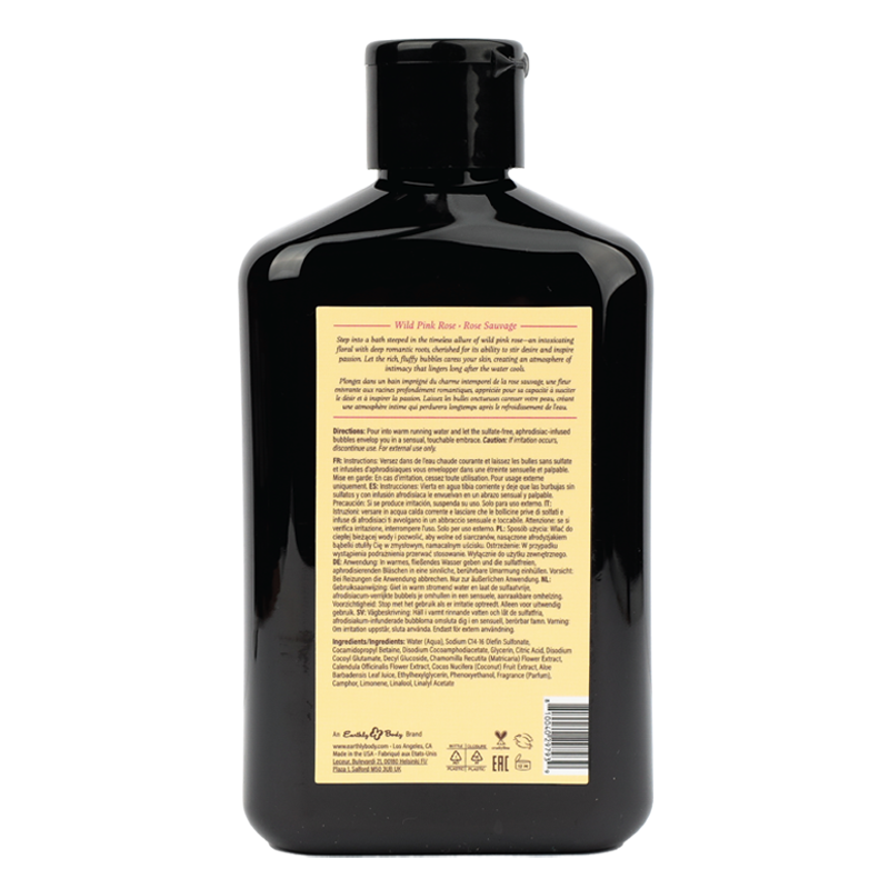 Wild Pink Rose Bubble Bath bottle with product information.