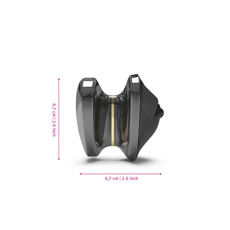 A dark gray, ribbed silicone lay-on vibe with a gold stripe.