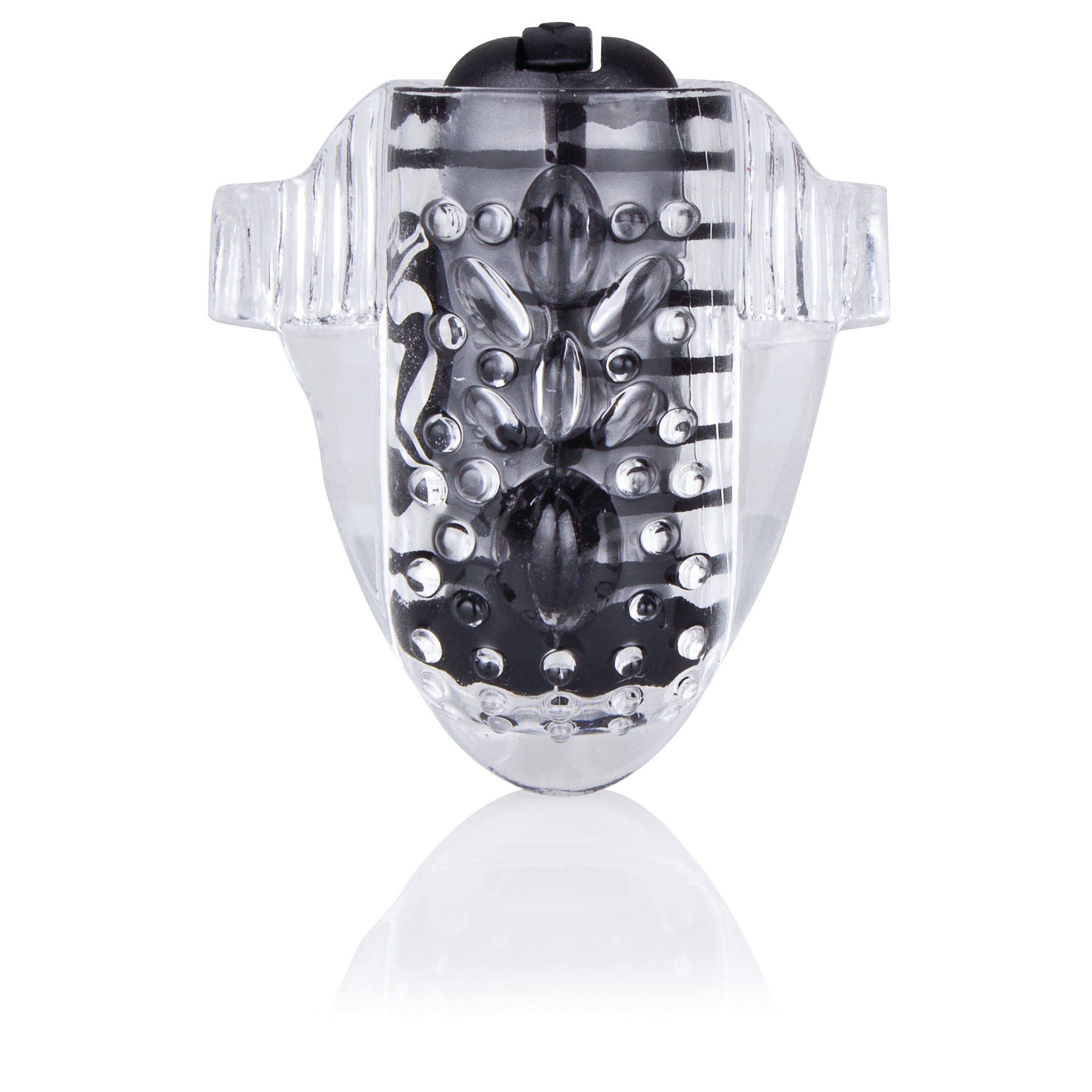 Clear vibrating cock ring with black textured insert.