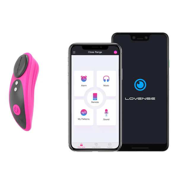 A pink and gray app-controlled vibrating panty toy next to two smartphones displaying the Lovense app.