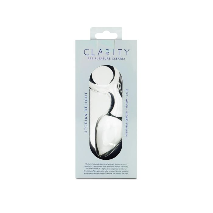 Clarity Utopian Delight glass anal plug in packaging.