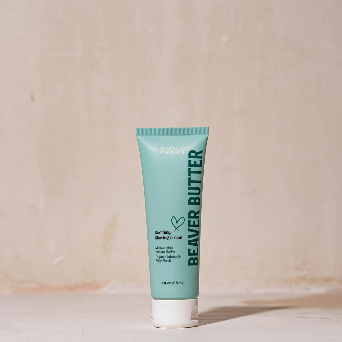 A tube of Beaver Butter Soothing Shaving Cream with Kokum Butter and Jojoba Oil.