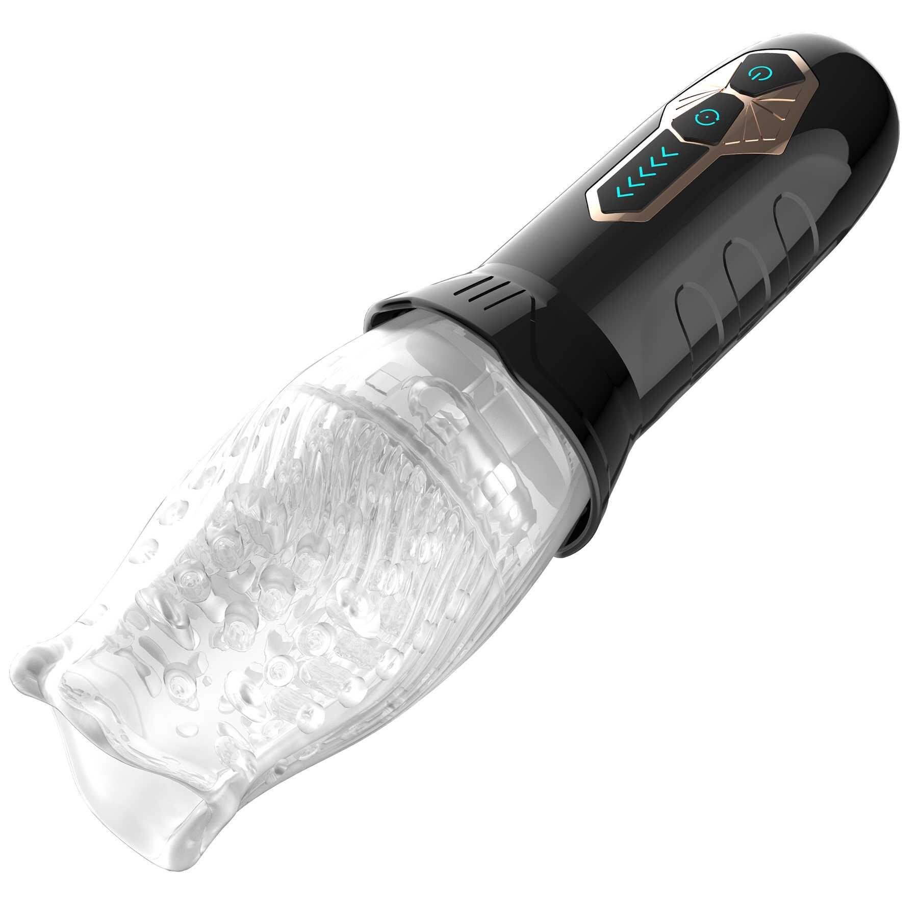 Black and clear rotating and vibrating masturbator with textured interior and control buttons.