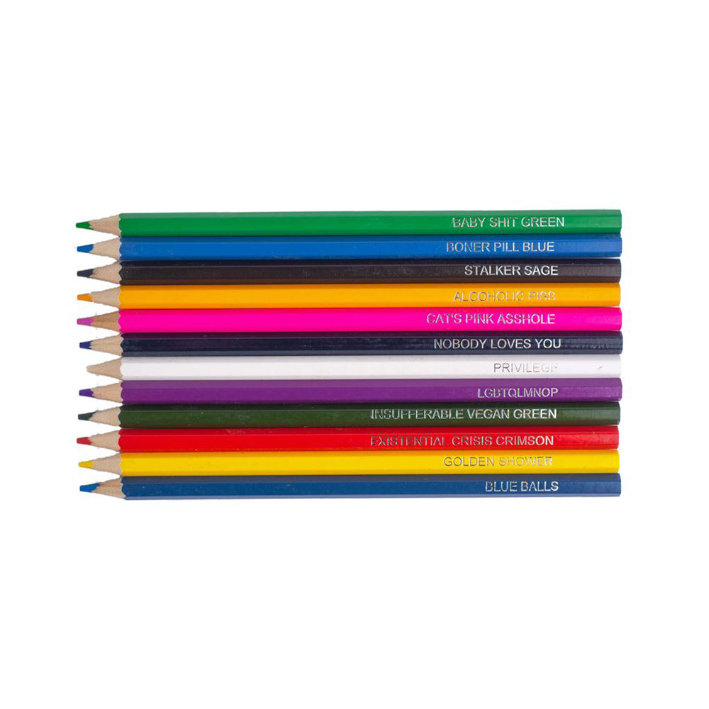 A set of 12 colored pencils with offensive names printed on them.