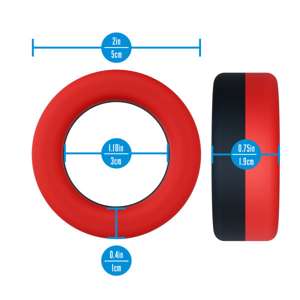 Red and black silicone cock ring with dimensions.