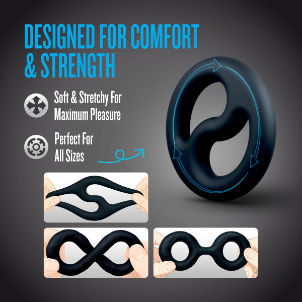 A black silicone cock ring and ball stretcher set with text about comfort and strength.