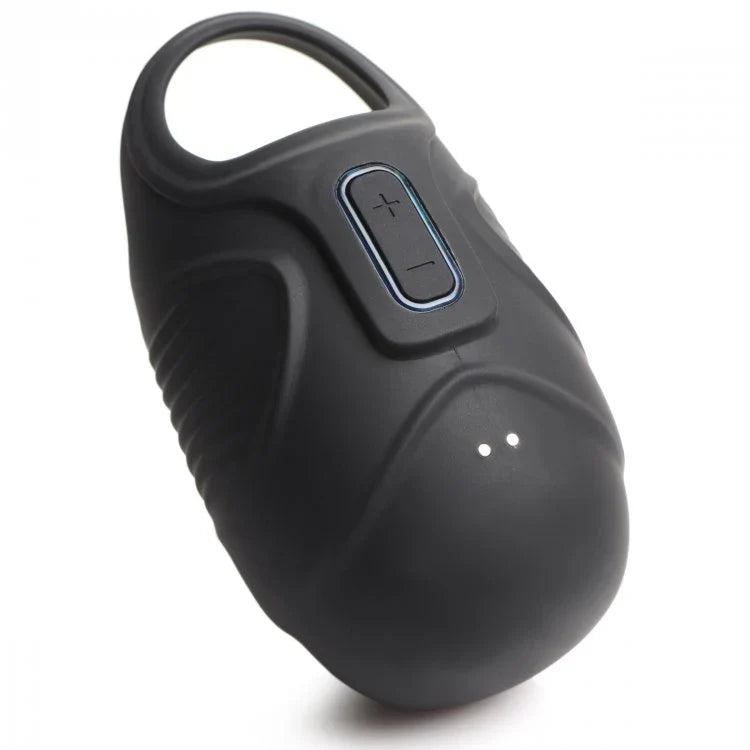 Black vibrating silicone ball sack with a loop and two buttons.