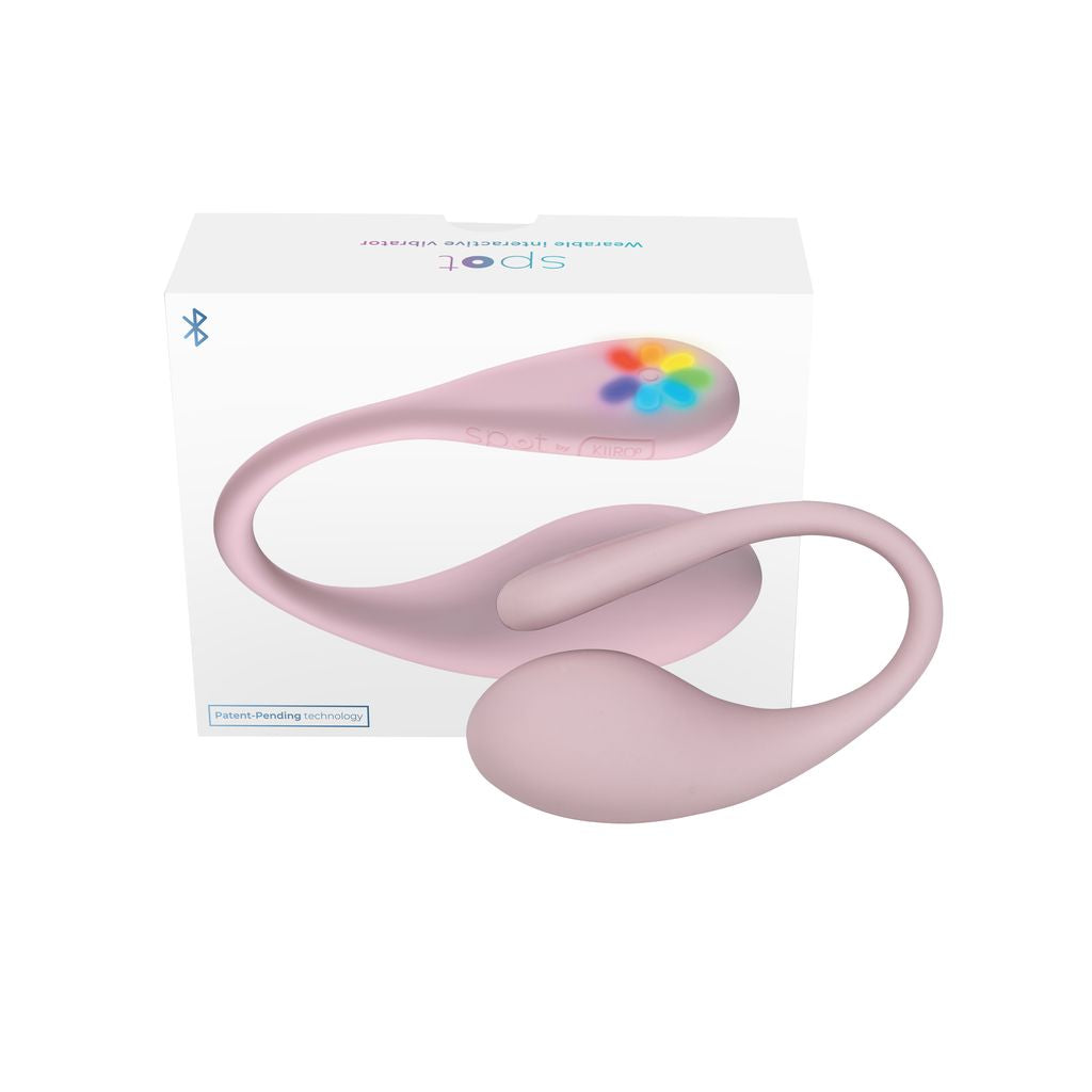 A pink wearable egg vibrator with a rainbow light display on a white box.