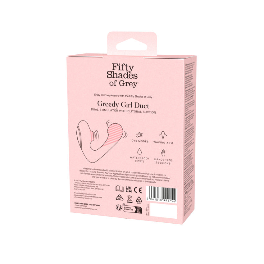 Fifty Shades of Grey Greedy Girl Duet dual stimulator with clitoral suction.