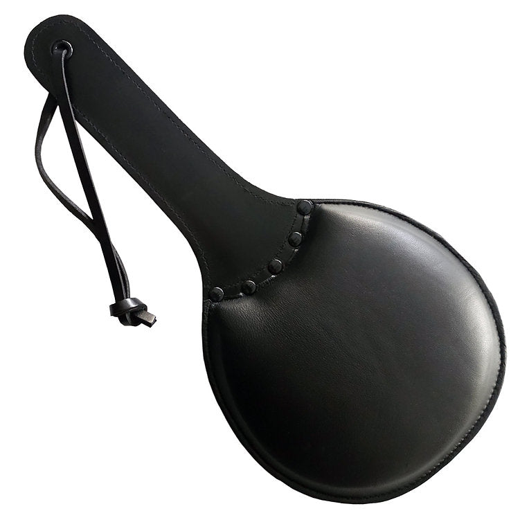 Black leather ping pong paddle with a hanging strap.