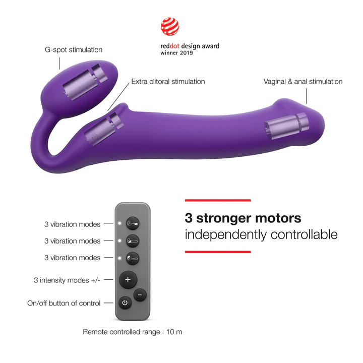 Purple vibrating strap-on with remote control, featuring G-spot and clitoral stimulation.