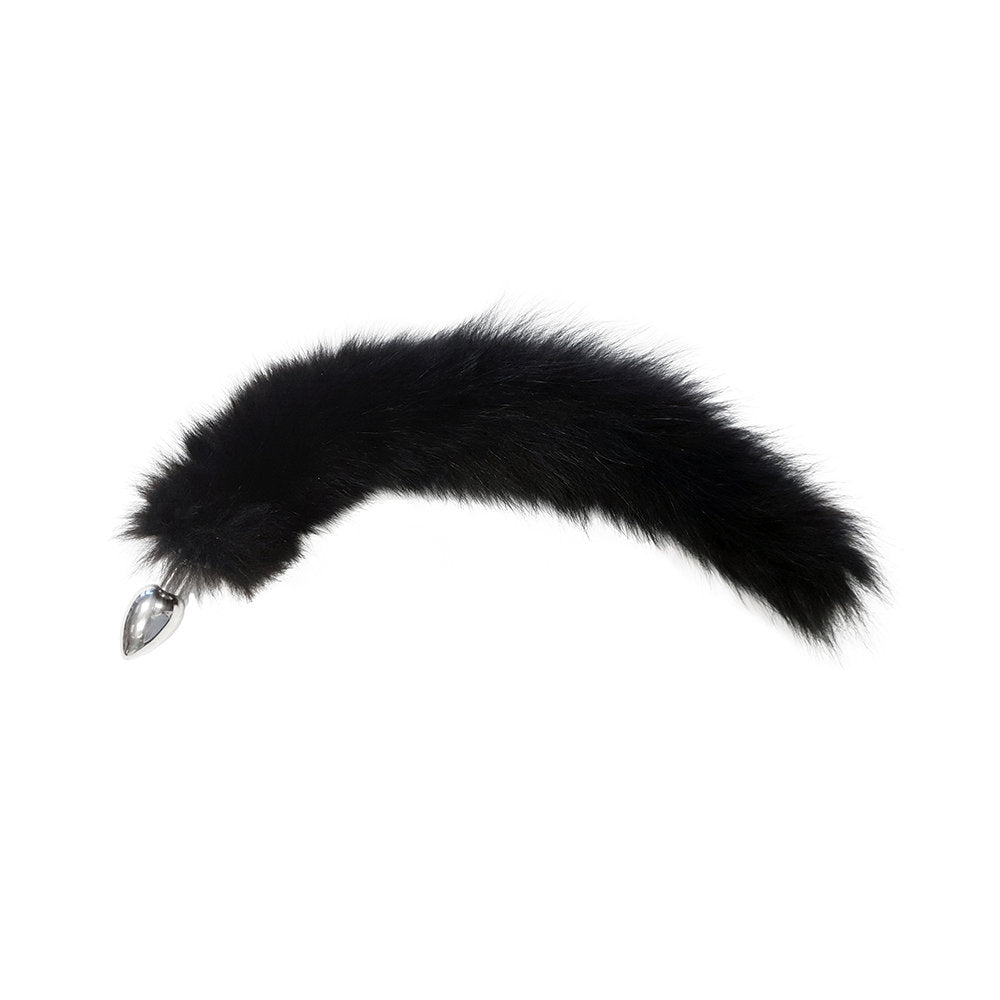 Black fur tail butt plug with a stainless steel base.