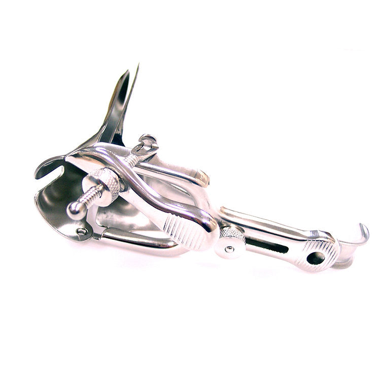 Stainless steel vaginal speculum with a locking screw.