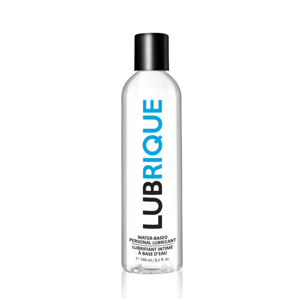 A clear bottle of Lubrique water-based personal lubricant with a black cap.