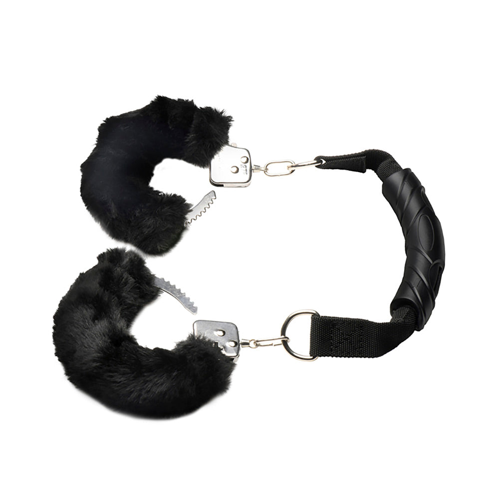 Black furry handcuffs with a handle and quick release.