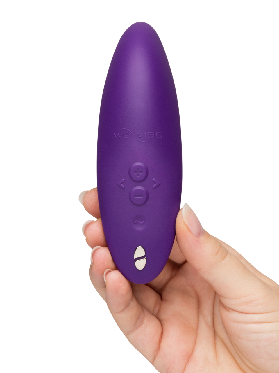 A purple We-Vibe Melt 2 clitoral stimulator held in a hand.
