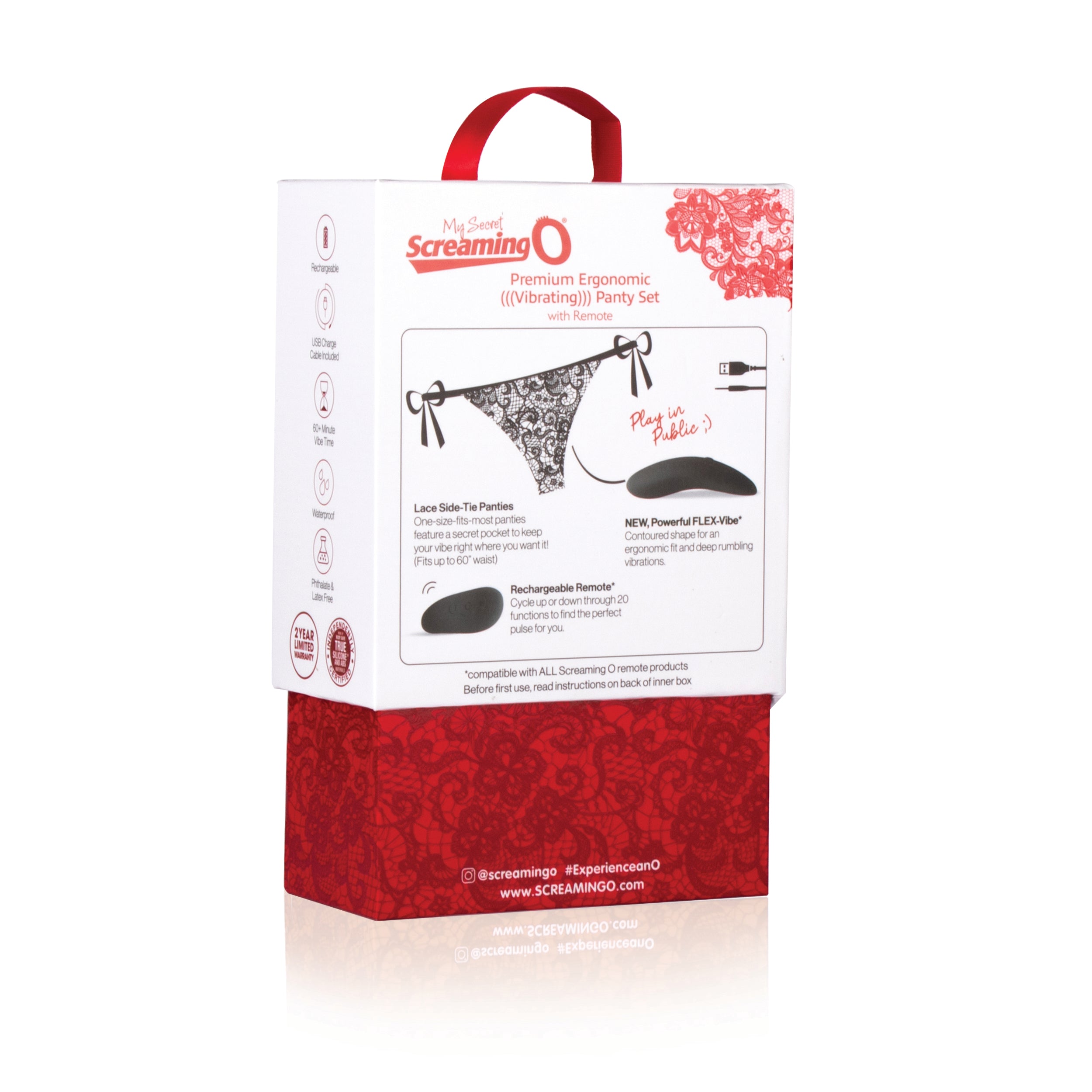 Screaming O remote control vibrating panty set with lace panties and a rechargeable vibe.