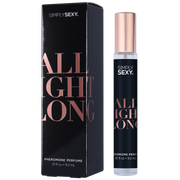 Simply Sexy All Night Long pheromone perfume spray in a black bottle with rose gold accents.