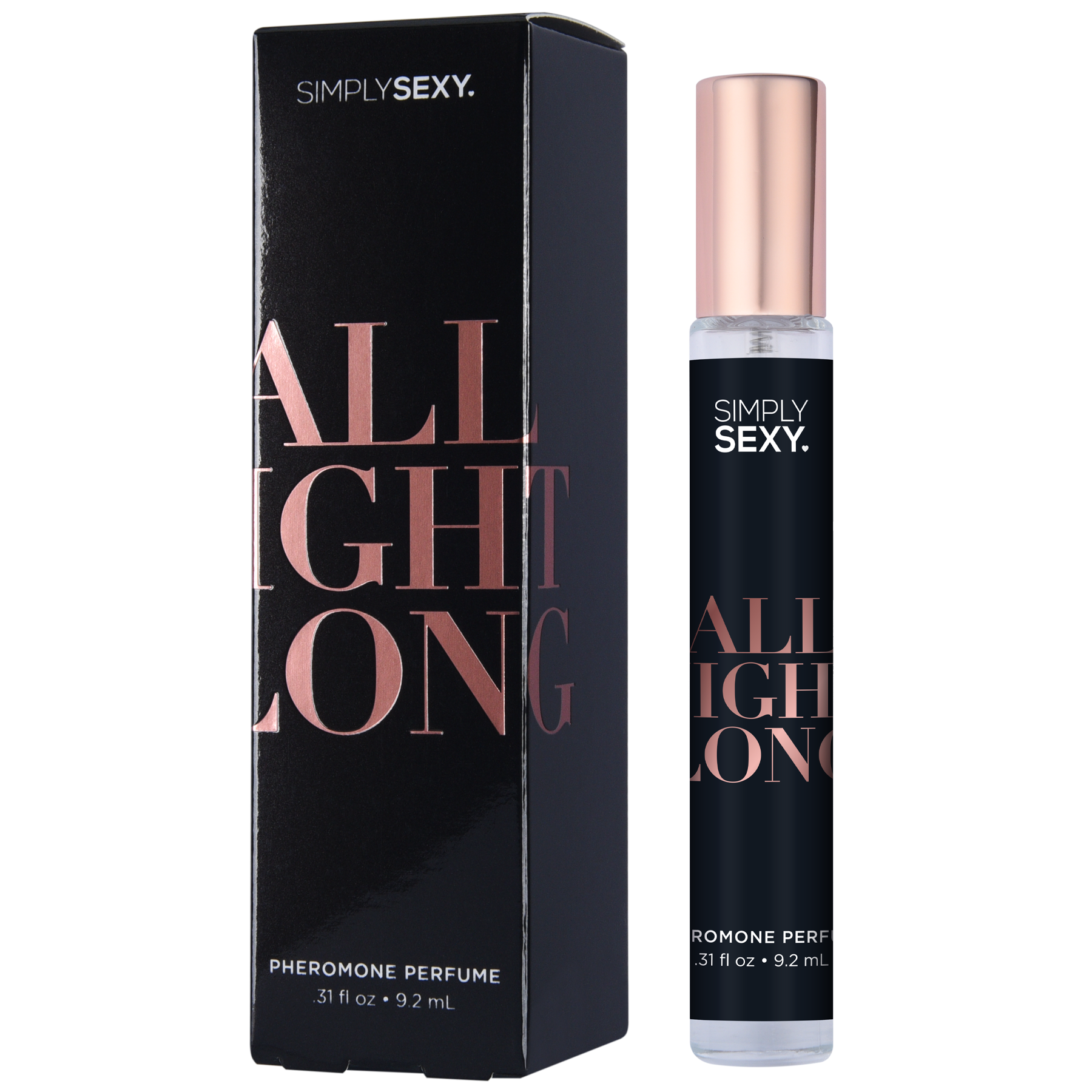 Simply Sexy All Night Long pheromone perfume spray in a black bottle with rose gold accents.