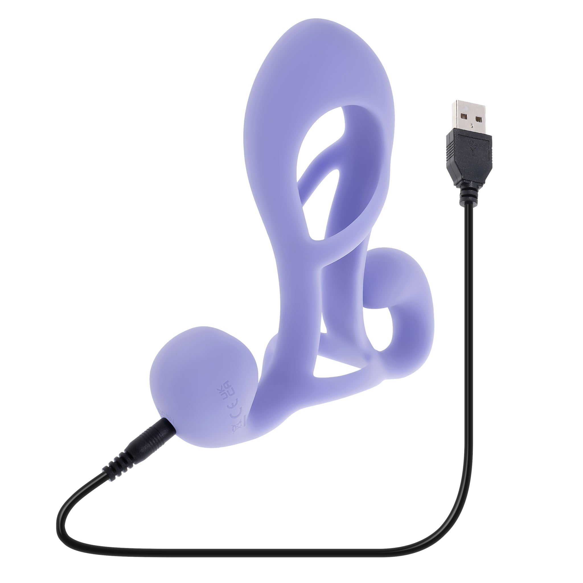 A purple silicone penis enhancer cage with a USB charging cable.