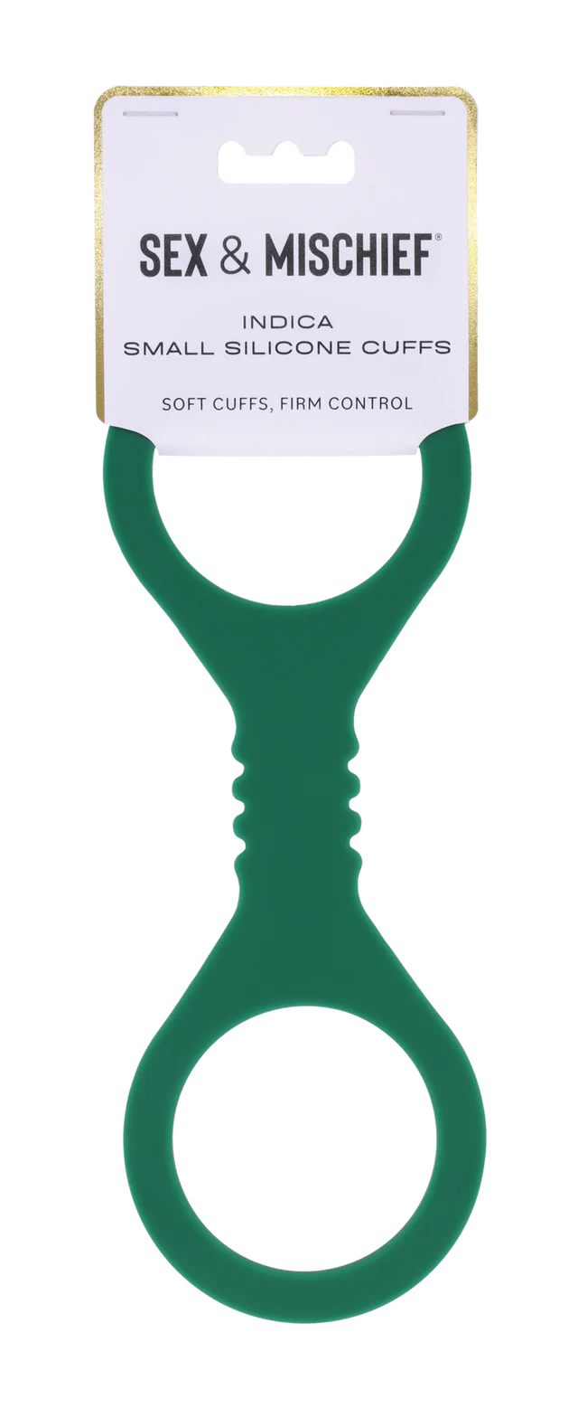 Emerald green small silicone restraint cuffs with a hanging card.