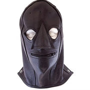 Black leather BDSM hood with eye openings and a zippered mouth.