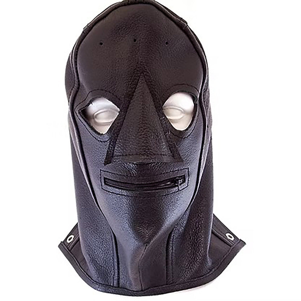 Black leather BDSM hood with eye openings and a zippered mouth.