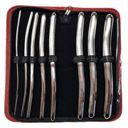 Eight-piece stainless steel Hegar dilator set in a red case.