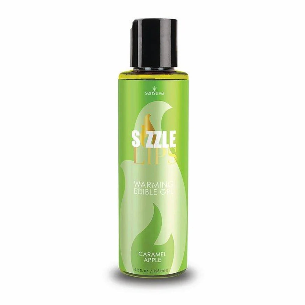 Sensuva Caramel Apple Edible Warming Gel in a green bottle.