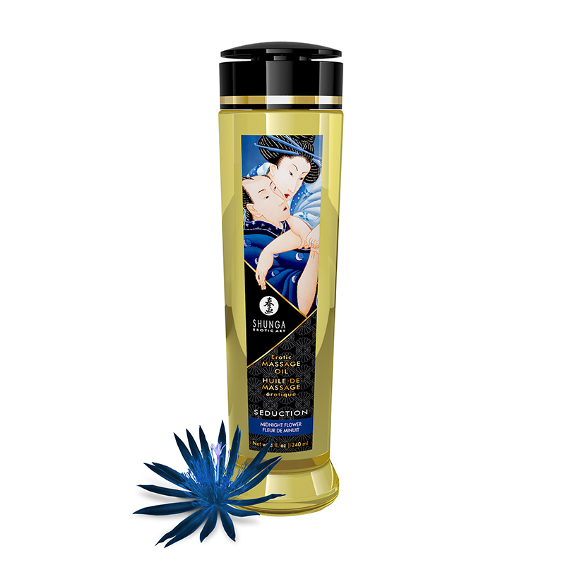 Shunga Seduction Midnight Flower massage oil in a clear bottle with a floral illustration.