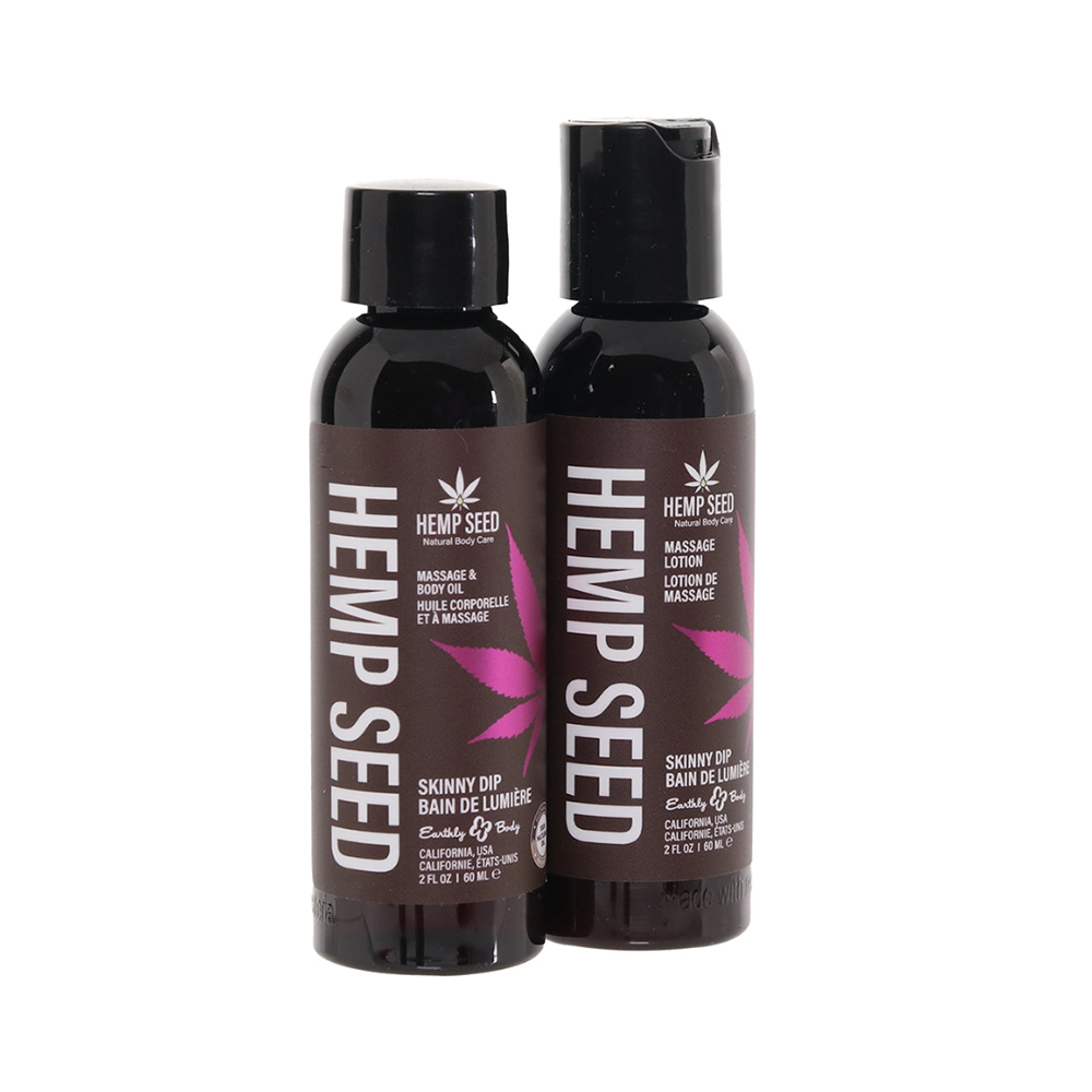 Two bottles of Hemp Seed massage lotion and oil with dark caps and brown labels.