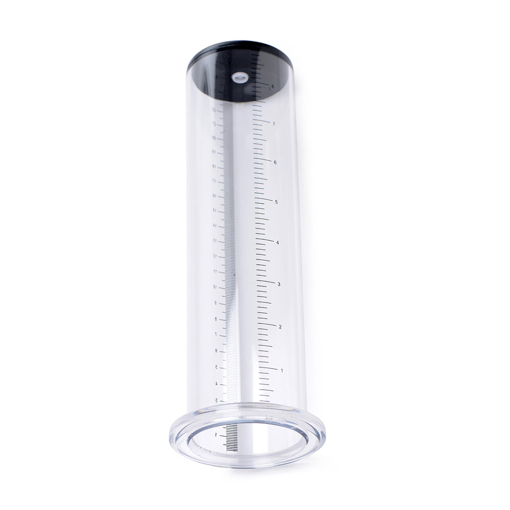 Clear penis pump cylinder with measurement markings and a black cap.