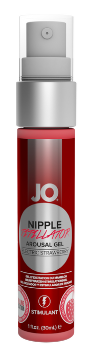 JO Strawberry Nipple Titillator Stimulant arousal gel in a red bottle.