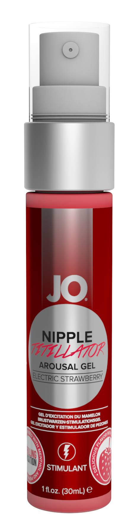JO Strawberry Nipple Titillator Stimulant arousal gel in a red bottle.
