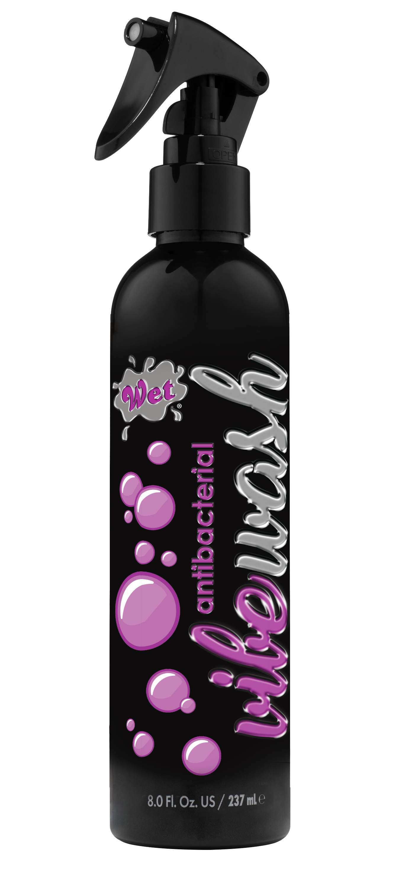 Black spray bottle of Wet Antibacterial Vibe Wash with pink bubbles and silver lettering.