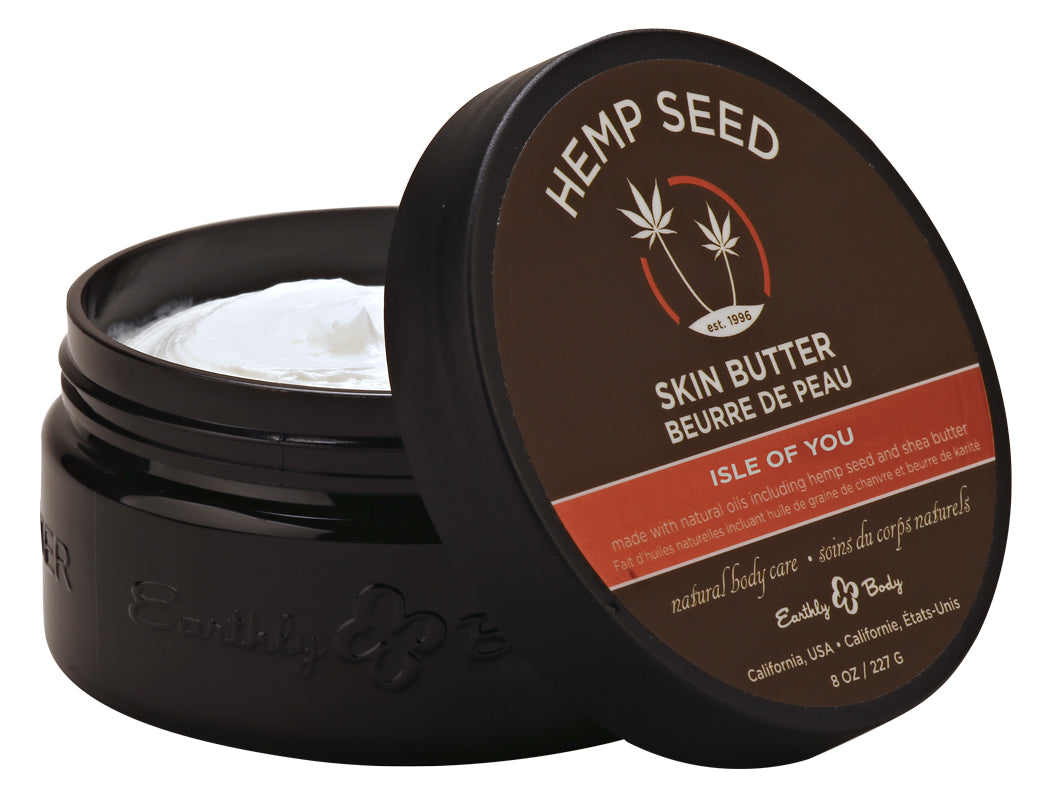 Hemp Seed Skin Butter Isle of You in a dark brown jar with the lid open.