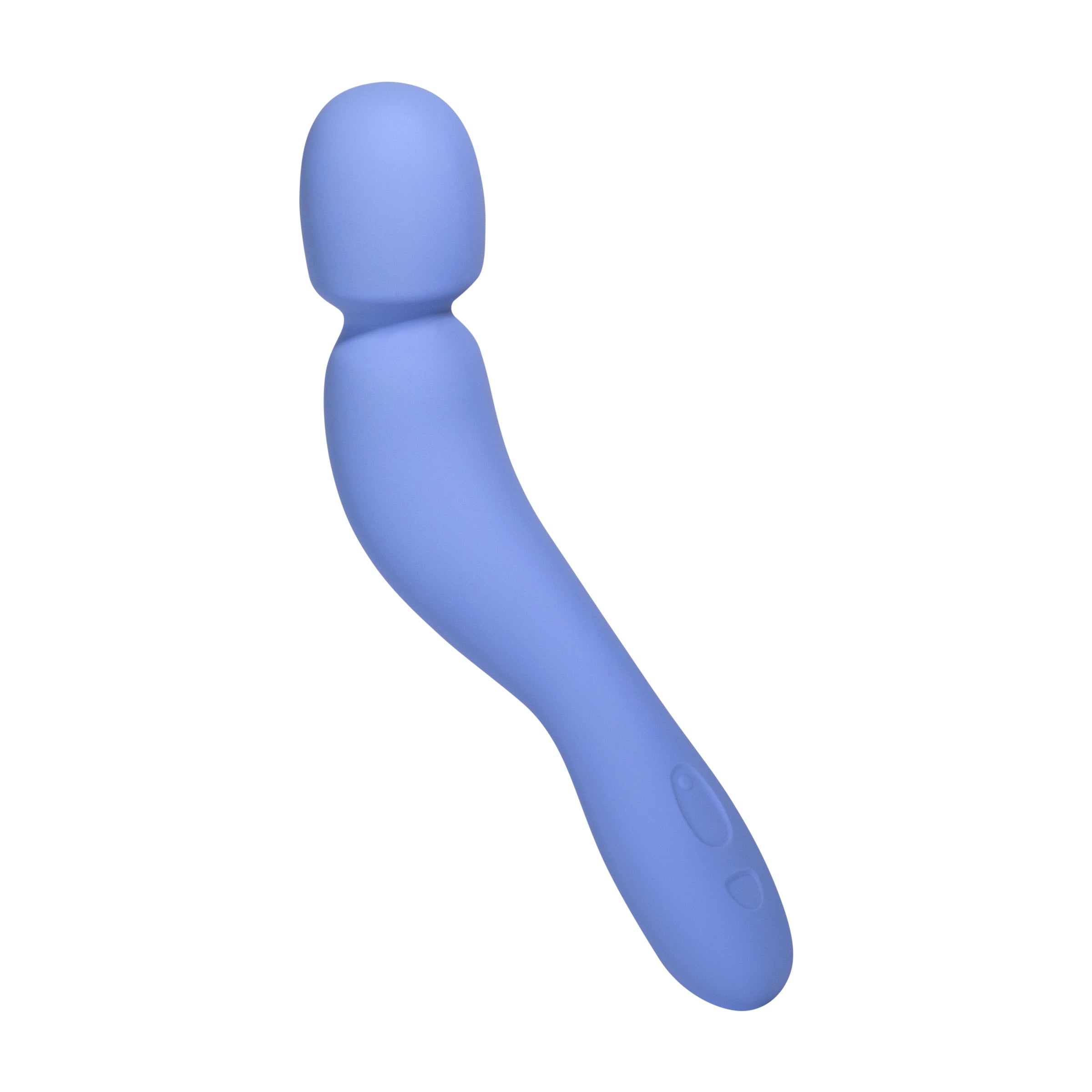 A periwinkle silicone wand vibrator with a curved handle and two buttons.