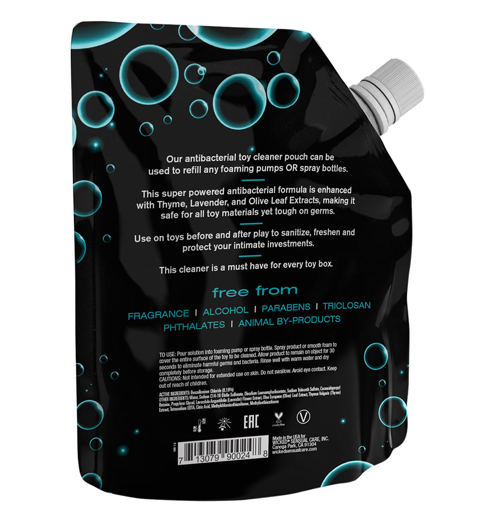 Antibacterial toy cleaner refill pouch with bubbles design.